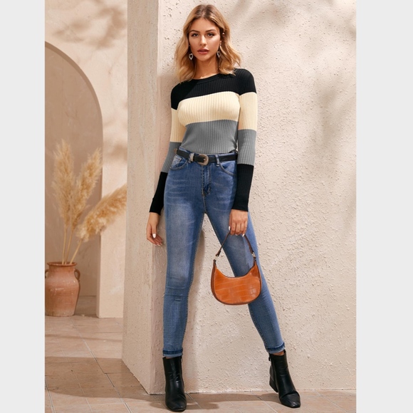 Rib-Knit Color Block Sweater Top Shirt - Picture 6 of 7